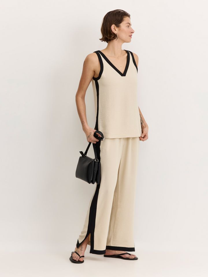 מכנסי רגל רחבה פס קונטרסט