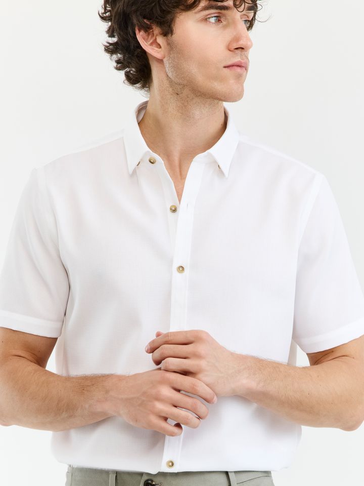 MAX MORETTI חולצה מכופתרת NON IRON מלאנג’ טקסטורה בגזרת רגולר פיט