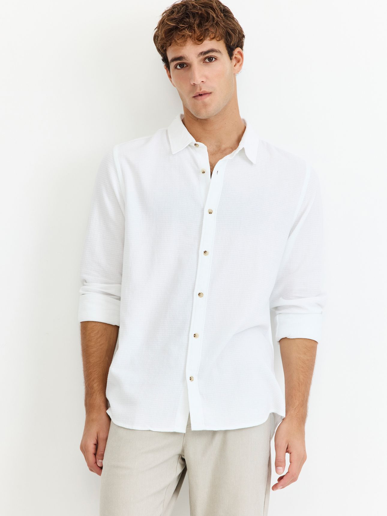 חולצה מכופתרת ארוכה כותנה טקסטורה