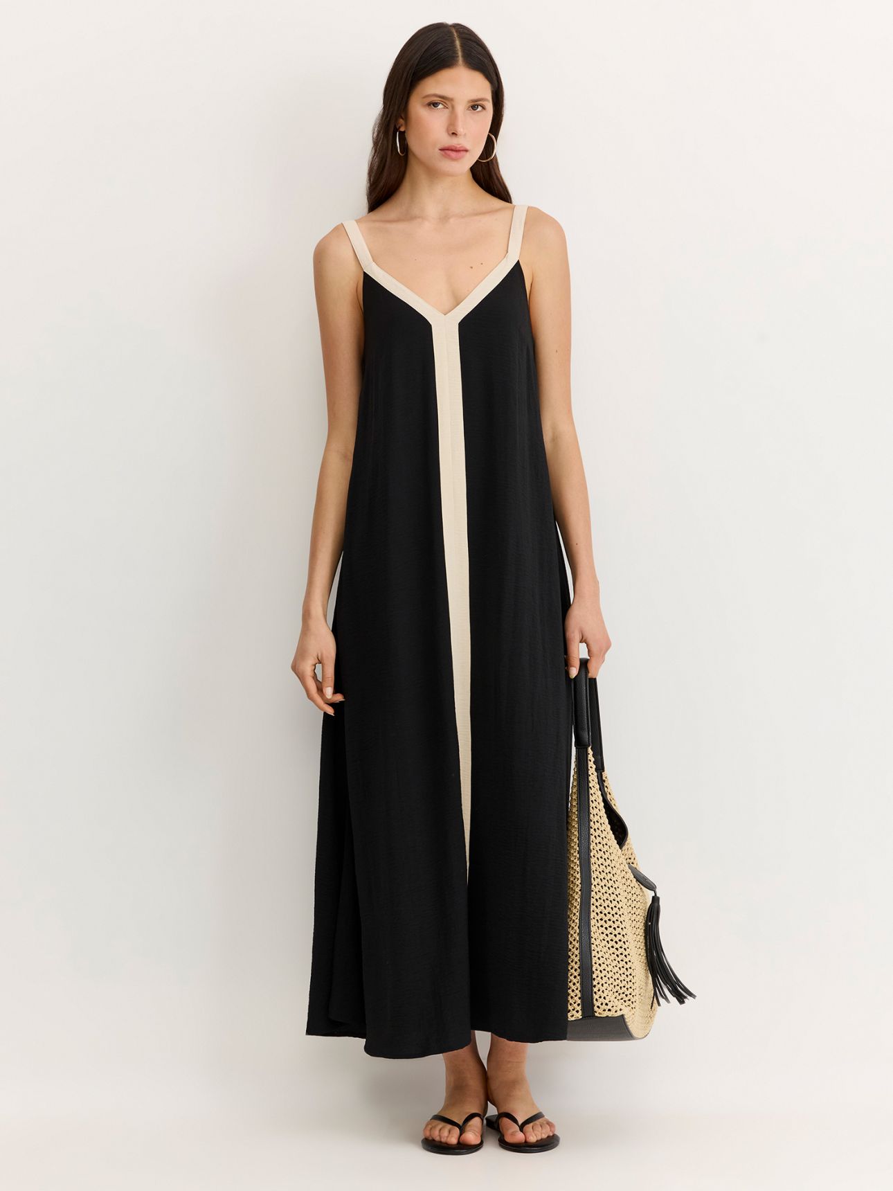 שמלת מקסי כתפיות פס קונטרסט