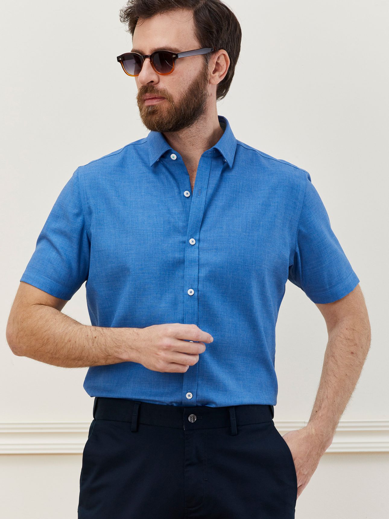 MAX MORETTI חולצה מכופתרת נון איירון Regular Fit בטקסטורת מלאנג’