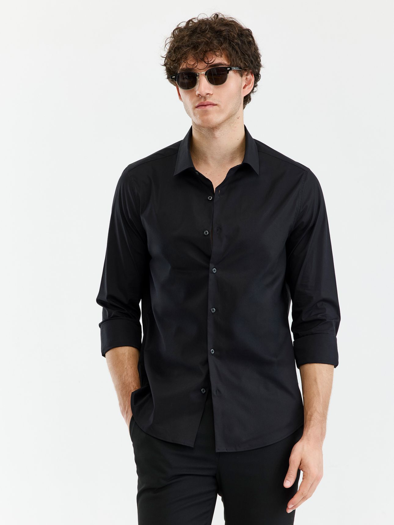 HECTHER PARIS חולצה מכופתרת לבנה ארוכה כותנה Slim fit