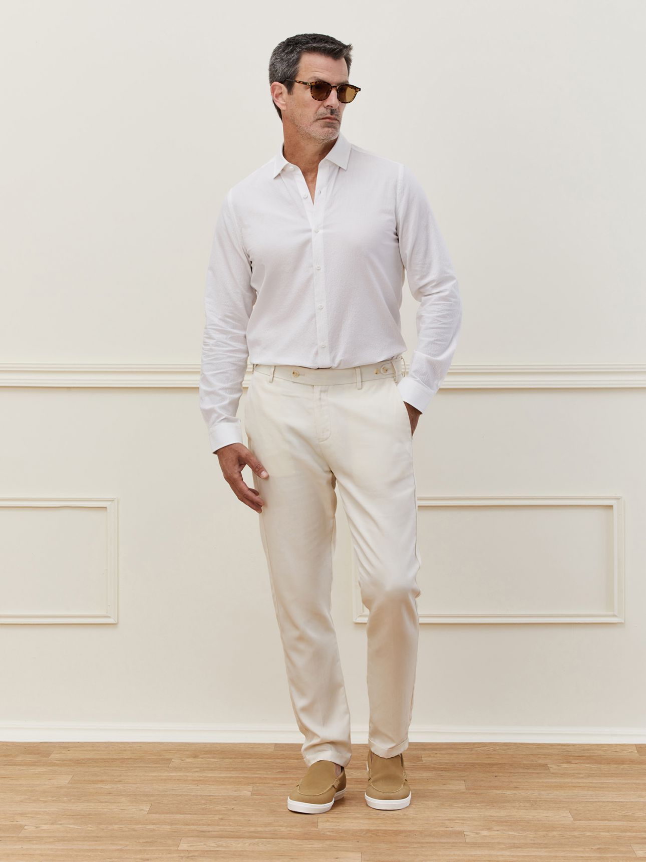 MAX MORETTI מכנסי צ’ינו מחוייטים Slim fit שילוב פשתן