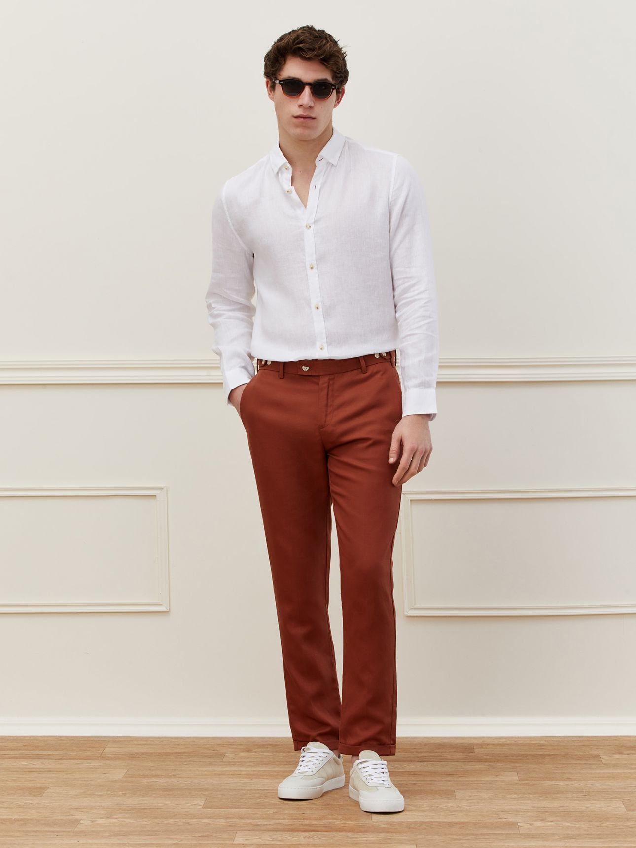 MAX MORETTI מכנסי צ’ינו מחוייטים Slim fit שילוב פשתן